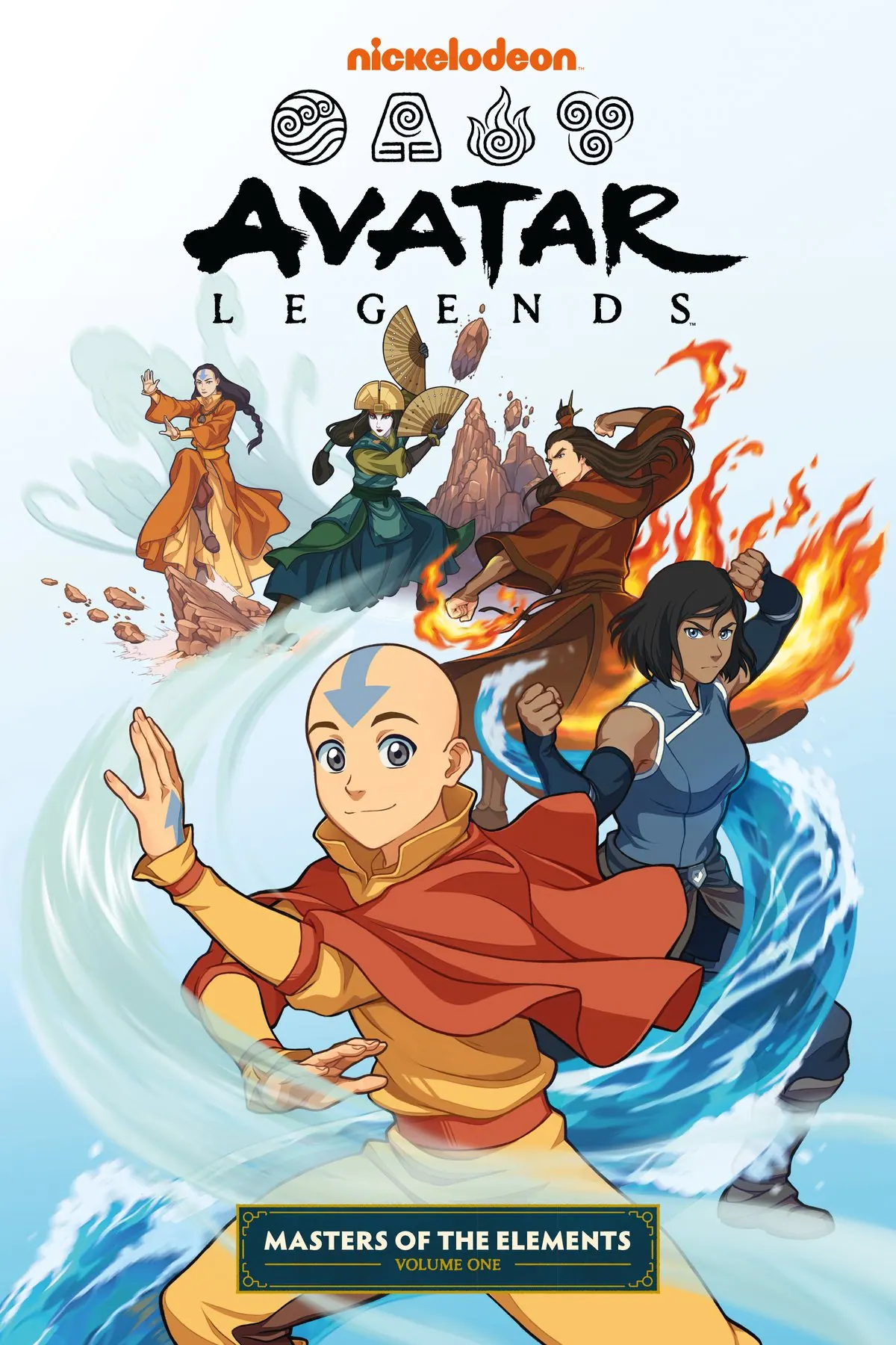Cover of Avatar Legends: Masters of the Elements Volume One (Dark Horse anthology): Aang, Korra, Kyoshi, Roku and other Avatars bending together