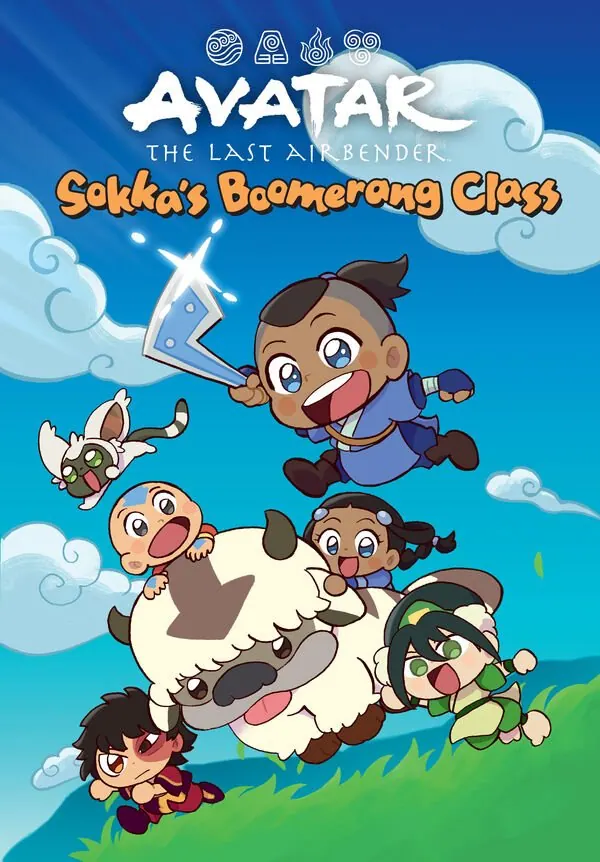 Cover of Avatar: The Last Airbender Chibis Volume 2: Sokka's Boomerang Class: chibi Sokka, Katara, Toph and Appa in the sky