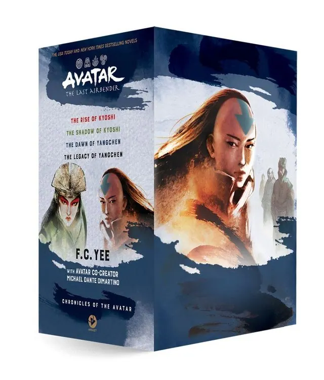 Product shot of the Chronicles of the Avatar 4-book box set (Kyoshi and Yangchen novels), box art of Yangchen and Kyoshi