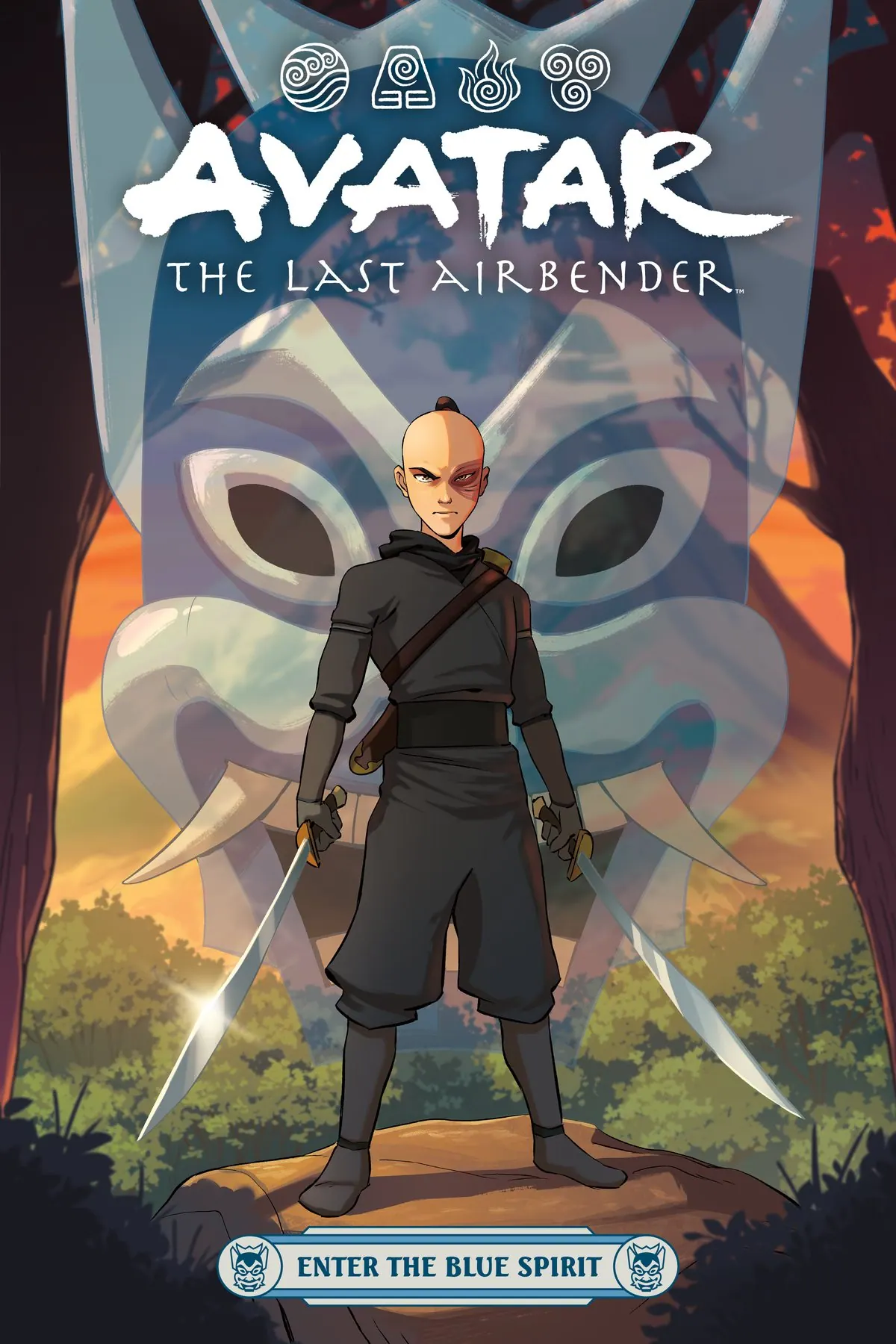 Cover of Enter the Blue Spirit (Dark Horse graphic novel, announced Sept 2026 for Feb 2027): Zuko with dual dao swords before a giant Blue Spirit mask