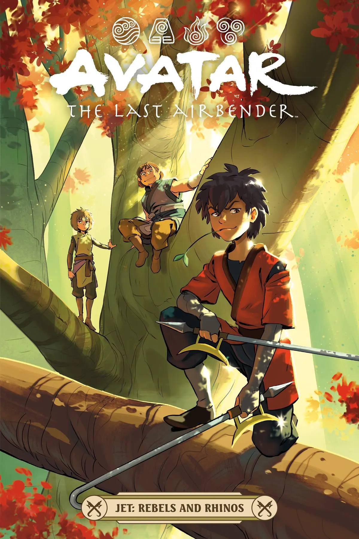 Cover of Jet: Rebels and Rhinos (Dark Horse graphic novel, Sept 2026): Jet with hook swords crouched on a tree branch in an autumn forest