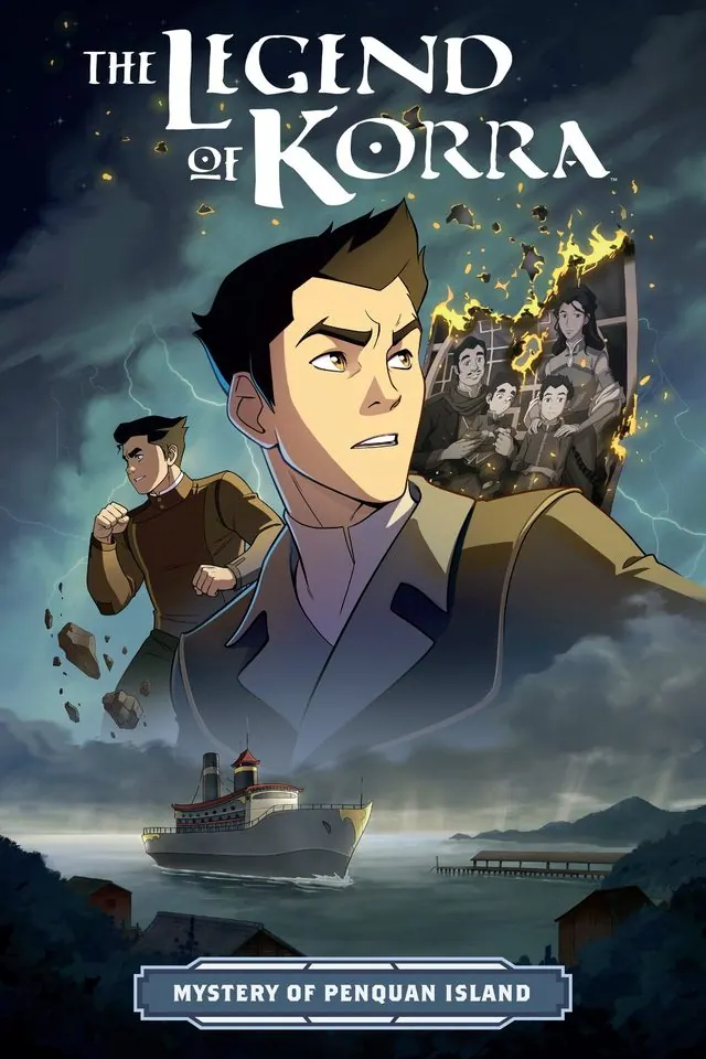 Cover of The Legend of Korra: The Mystery of Penquan Island (Dark Horse graphic novel, March 4, 2025): Mako and Bolin with a ship and an island at night