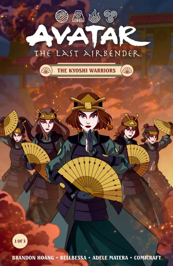 Cover of The Kyoshi Warriors #1 (of 3), on sale May 6, 2026: Suki and the Kyoshi Warriors with fans against a burning sky