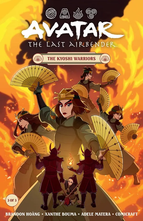 Cover of The Kyoshi Warriors #3 (of 3), on sale July 15, 2026: Suki with raised fan amid flames and silhouetted fighters