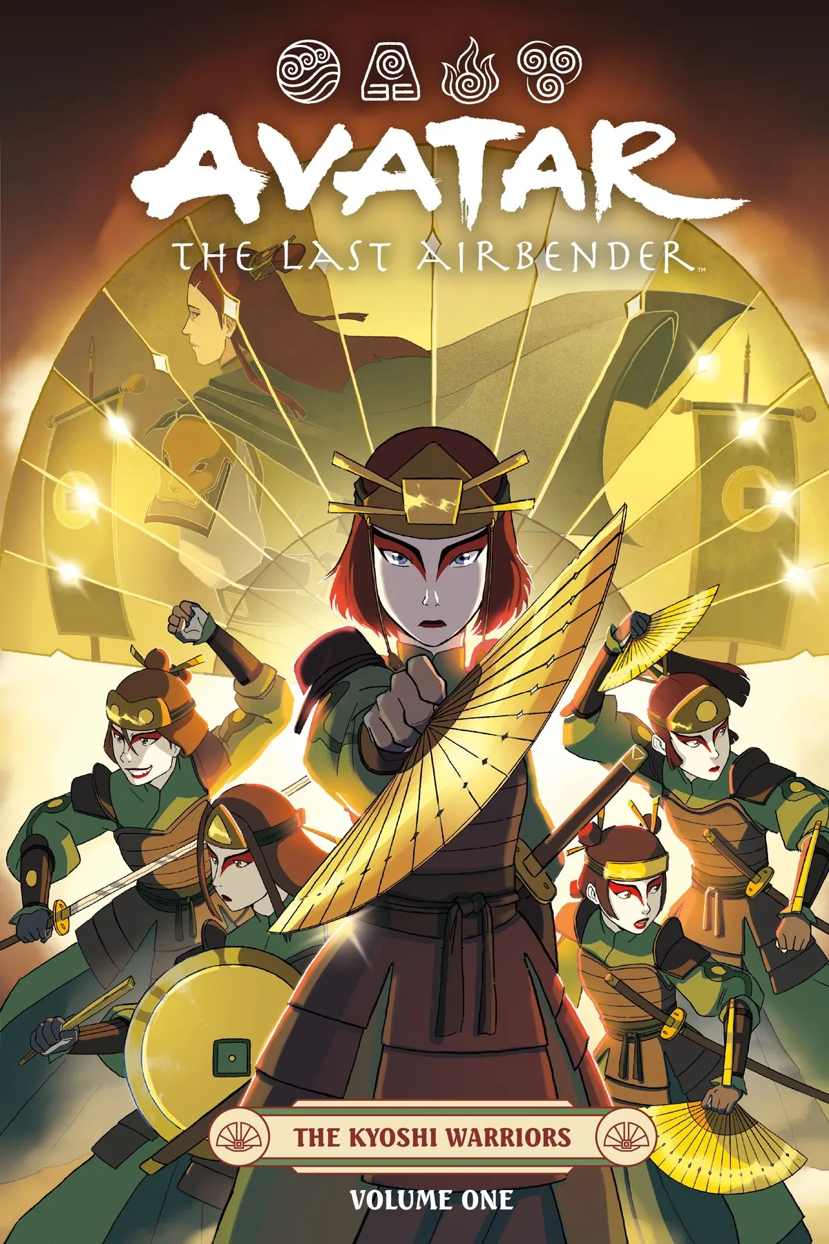 Cover of The Kyoshi Warriors Volume One (Dark Horse graphic novel collection): Suki with golden fan leading the Kyoshi Warriors