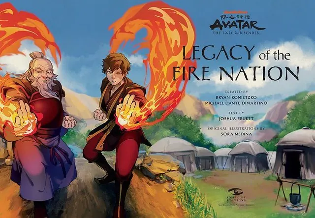 Interior title spread of Avatar: The Last Airbender: Legacy of the Fire Nation, with Iroh and Zuko firebending over a village; wide