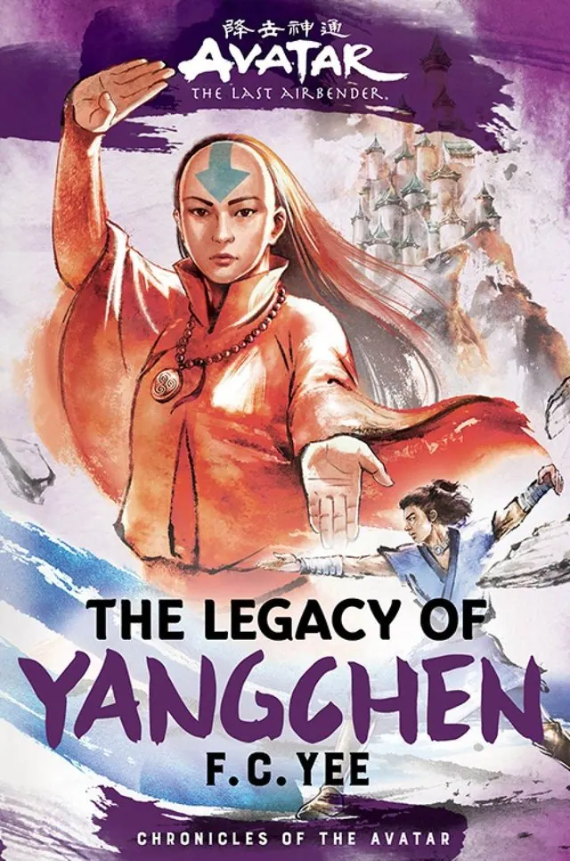 Cover of The Legacy of Yangchen (Chronicles of the Avatar Book 4, F.C. Yee): Yangchen airbending in front of a city, purple palette