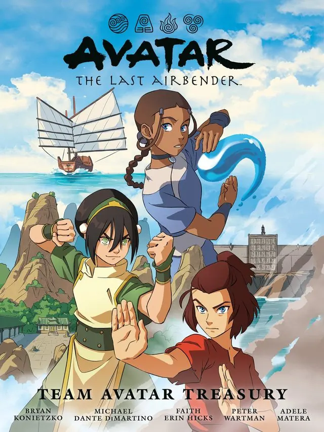 Cover of Team Avatar Treasury Library Edition (Dark Horse hardcover): Katara waterbending with Toph and Suki on a coastal cliff