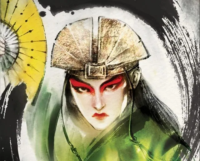 Avatar Kyoshi in face paint and golden headdress with her war fan, from the cover art of The Rise of Kyoshi