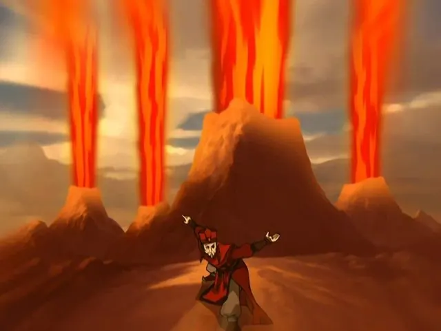 Avatar Szeto in Fire Nation robes, arms raised before erupting volcanoes, in Avatar: The Last Airbender
