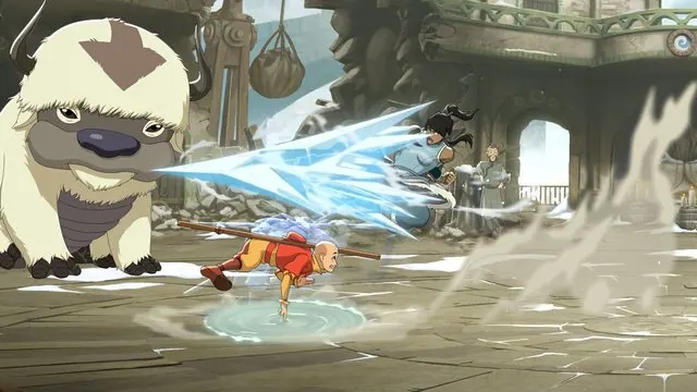 Gameplay screenshot of Aang with Appa as his support character, fighting Korra in an Earth Kingdom courtyard