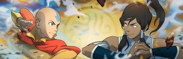 Ultra-wide Steam library hero banner of Aang and Korra facing off