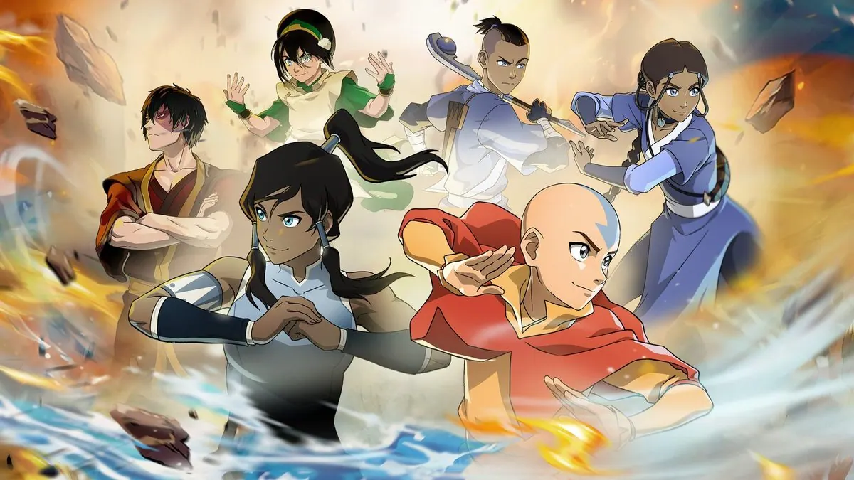 Avatar Legends: The Fighting Game key art with no logo: Zuko, Toph, Sokka, Katara, Korra and Aang in bending poses