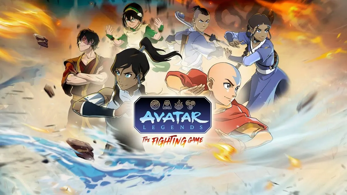 Avatar Legends: The Fighting Game titled hero art: the six-character group key art with the game logo in the center