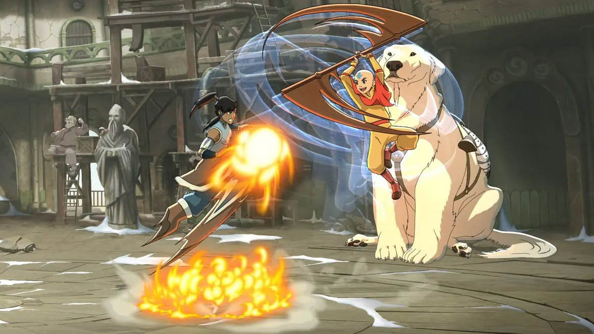 Gameplay screenshot of Korra firebending while Aang attacks alongside the support character Naga