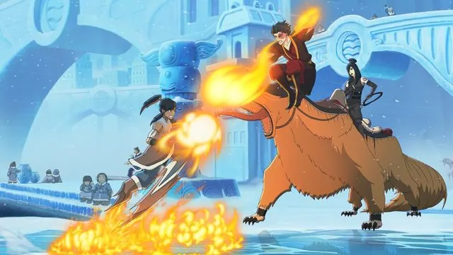 Gameplay screenshot of Korra firebending against Zuko, who rides a shirshu support with June on a Northern Water Tribe stage