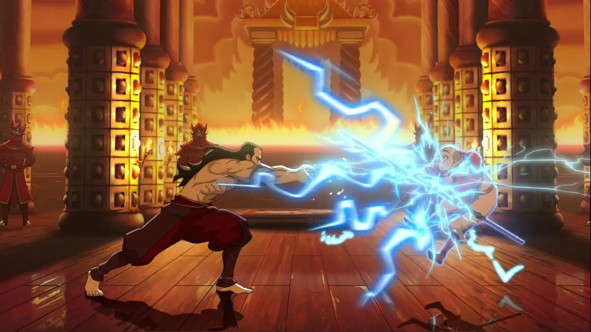 Gameplay screenshot of Fire Lord Ozai firing lightning at Aang in the Fire Nation throne room stage