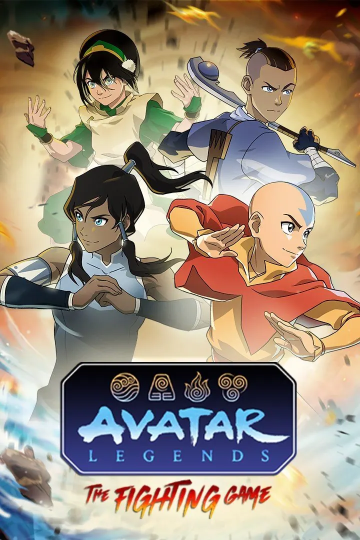 Avatar Legends: The Fighting Game portrait store poster: Toph, Sokka, Korra and Aang above the logo