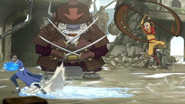 In-game screenshot of the Samurai Appa support skin in armor, with Aang and Katara fighting on an Earth Kingdom stage