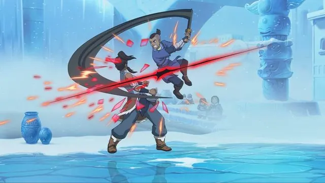 Gameplay screenshot of Sokka slashing at Korra on an icy Water Tribe stage