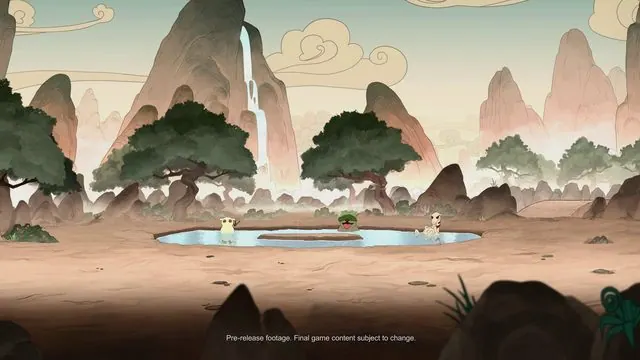 Reveal shot of the empty Spirit Wilds stage: a spirit-world pond, waterfall and trees, with a small 'pre-release footage' caption