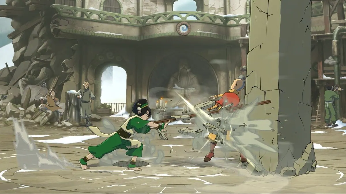 Gameplay screenshot of Toph earthbending against Aang in a ruined Earth Kingdom courtyard