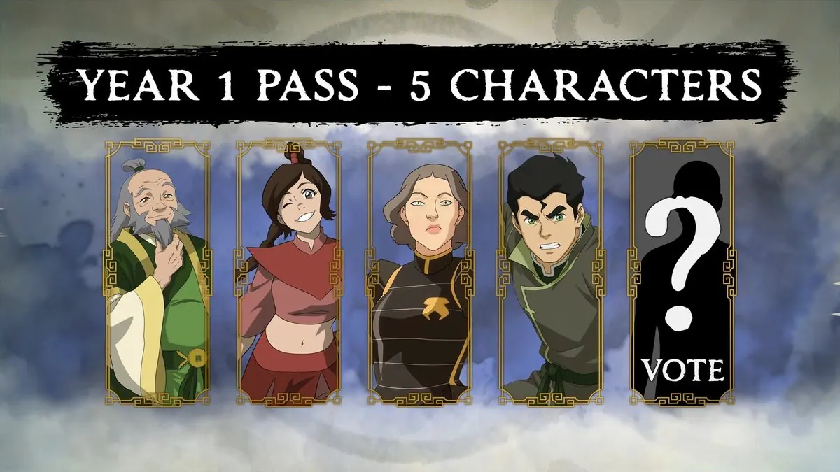 'Year 1 Pass - 5 Characters' graphic showing Iroh, Ty Lee, Lin Beifong and Bolin, plus a fifth slot chosen by fan vote