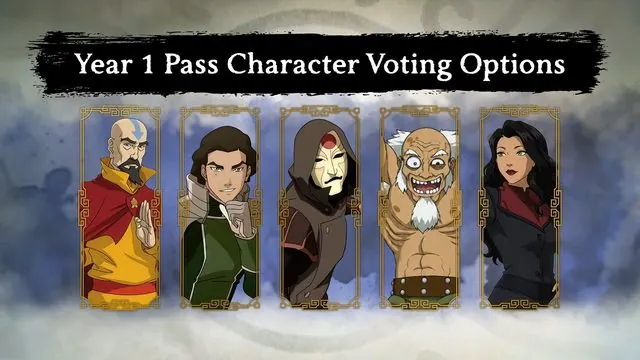 'Year 1 Pass Character Voting Options' graphic with five character portraits: Tenzin, Bolin, Amon, King Bumi and Asami
