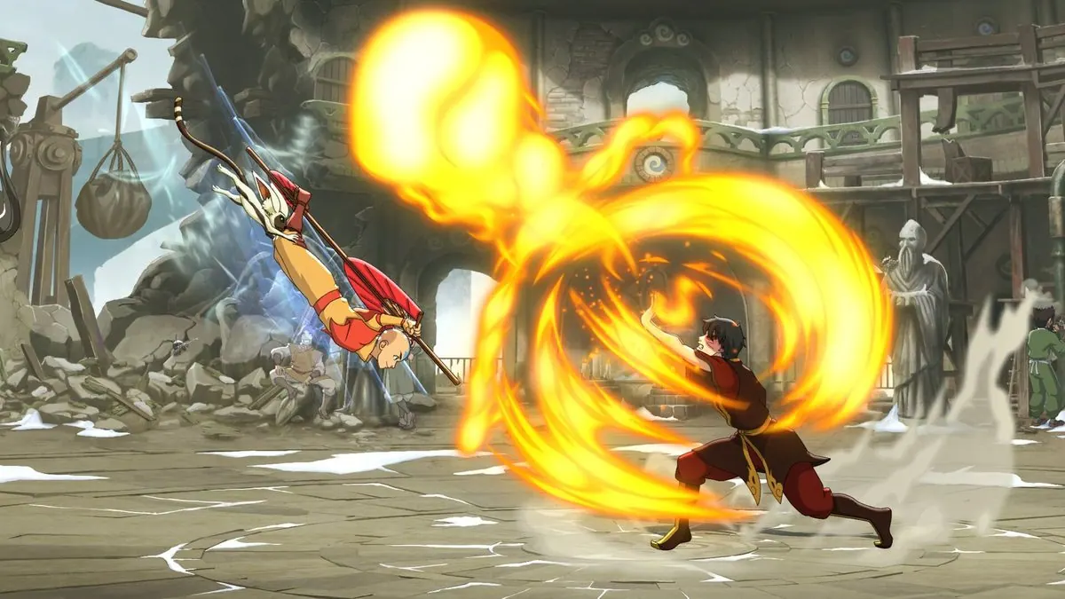 Gameplay screenshot of Zuko throwing a large firebending arc at an airborne Aang