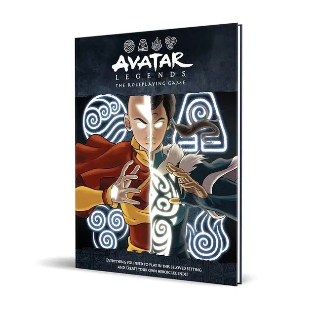 Avatar Legends: The Roleplaying Game core book hardcover mockup, with a half-Aang, half-Korra cover over the element symbols
