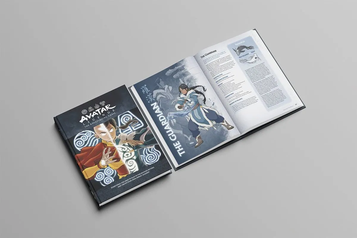 Avatar Legends RPG core book open to an interior spread (The Guardian playbook), next to the closed book