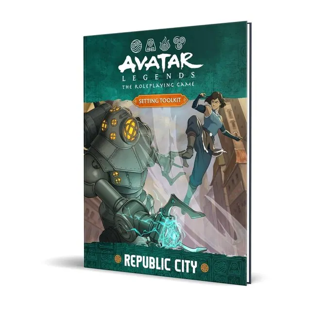 Republic City setting-toolkit hardcover mockup: Korra and a mecha suit on the teal cover