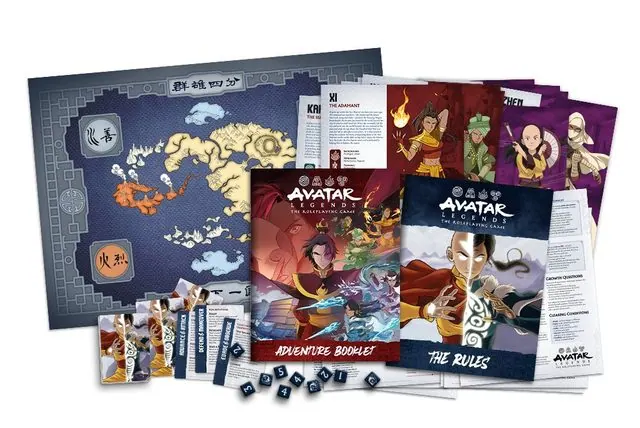 Avatar Legends RPG Starter Set contents: world map, Adventure Booklet, The Rules booklet, playbooks and dice