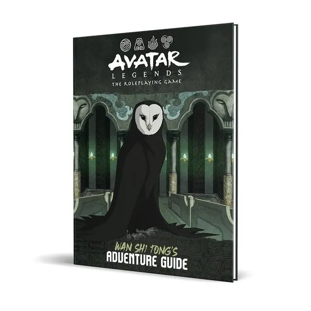 Wan Shi Tong's Adventure Guide hardcover mockup: the owl spirit Wan Shi Tong in his library on the cover
