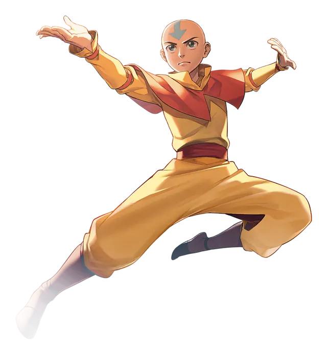 Aang mid-leap in an airbending stance; painted character cut-out with a transparent background