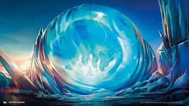 Card art for 'Aang's Iceberg': the glowing ice sphere holding Aang, by Matteo Bassini (artist credit printed on the image)