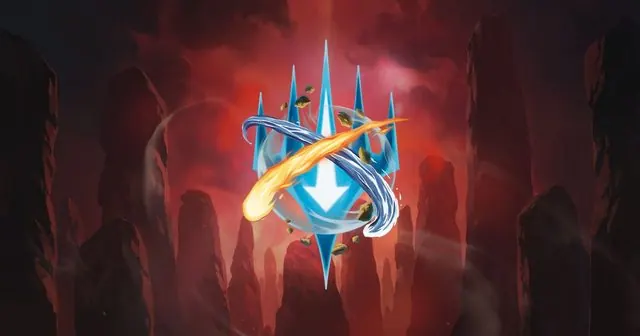 Set symbol for the Magic: The Gathering Avatar set (air-nomad arrow ringed by elemental swirls) on a red canyon background