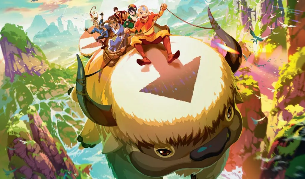 Magic: The Gathering | Avatar: The Last Airbender art: Aang, Katara, Sokka, Toph and Zuko riding Appa through a mountain valley