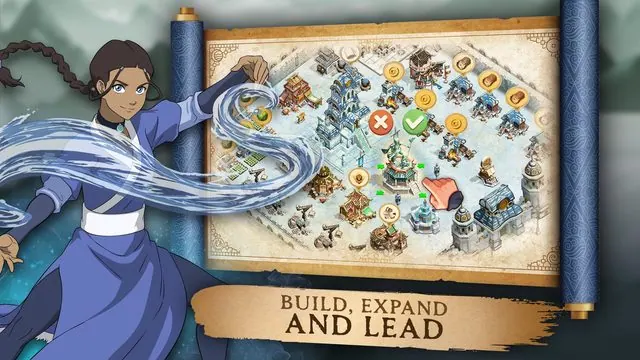 App Store screenshot 'Build, Expand and Lead': Katara waterbending beside a city-builder view