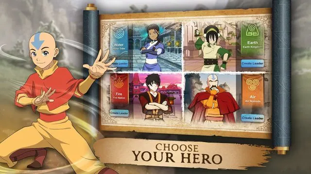 App Store screenshot 'Choose Your Hero': Aang beside a scroll showing the hero-select screen