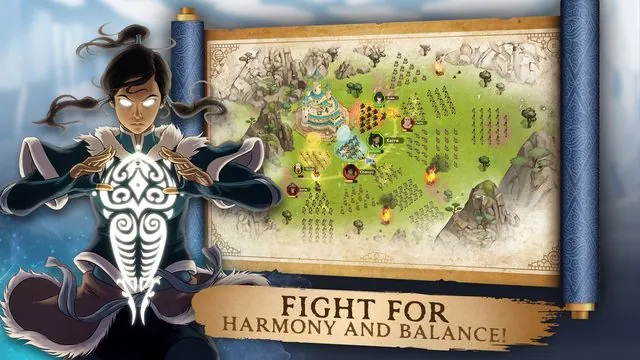 App Store screenshot 'Fight for Harmony and Balance': Korra in the Avatar State beside an army map