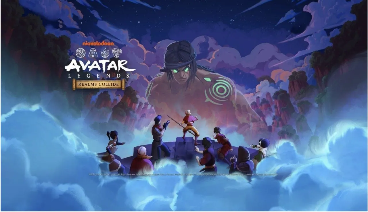 Avatar Legends: Realms Collide trailer key art: Team Avatar and allies on a ship above the clouds, facing a giant figure with glowing green eyes and a spiral mark
