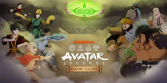 Avatar Legends: Realms Collide launch key art: Aang, Zuko, Toph and Kyoshi with villains, under a glowing green spirit spiral, with the logo