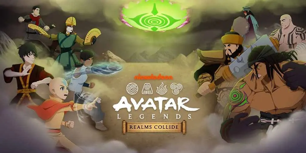Avatar Legends: Realms Collide launch key art: Aang, Zuko, Toph and Kyoshi with villains, under a glowing green spirit spiral, with the logo