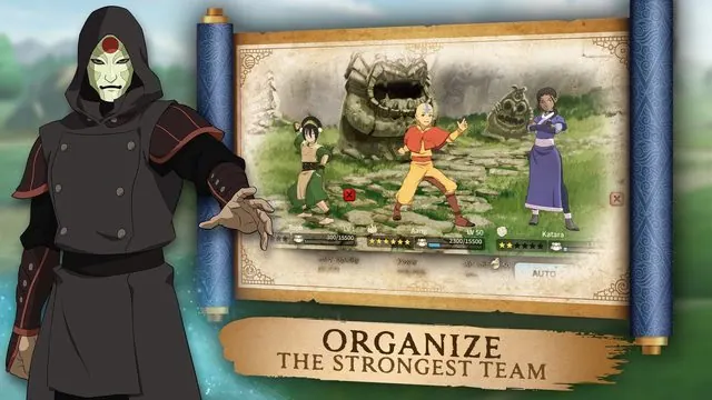 App Store screenshot 'Organize the Strongest Team': Amon beside a squad battle scene
