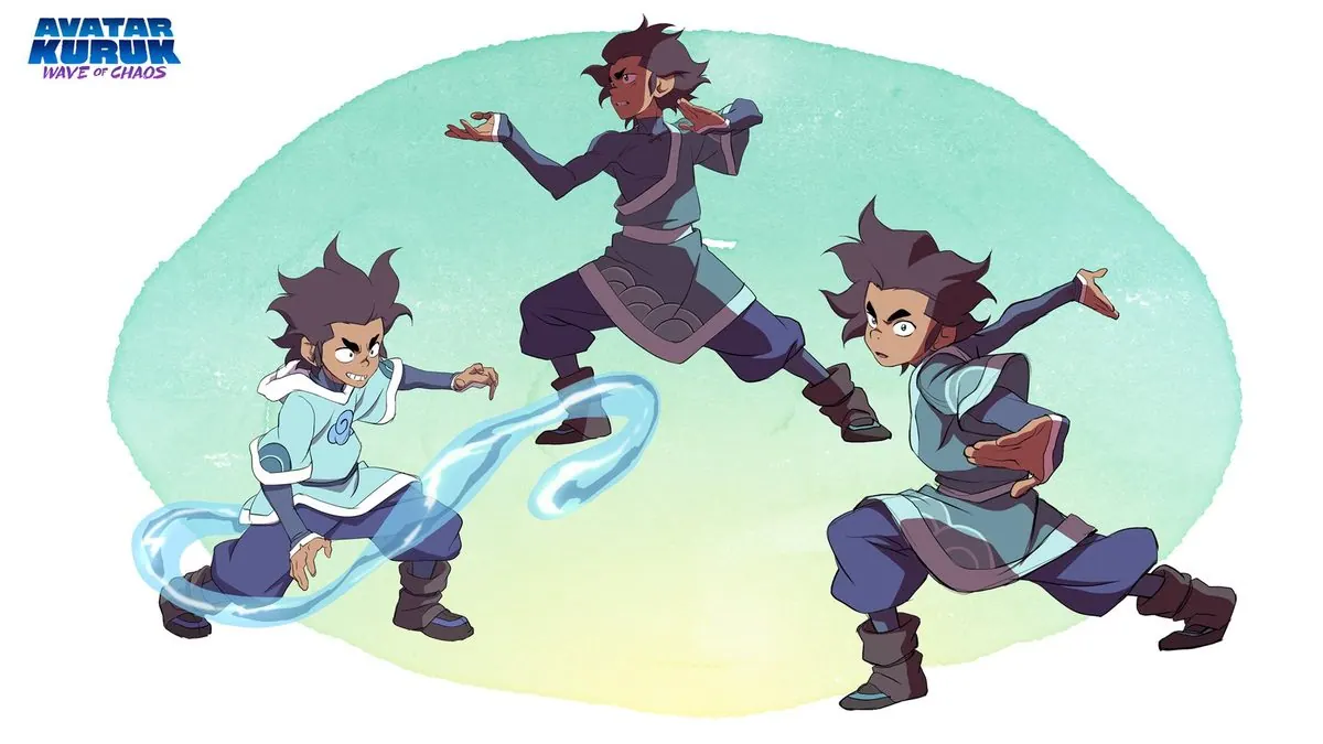 Kuruk action poses: three waterbending and martial-arts stances on a teal-yellow watercolor wash
