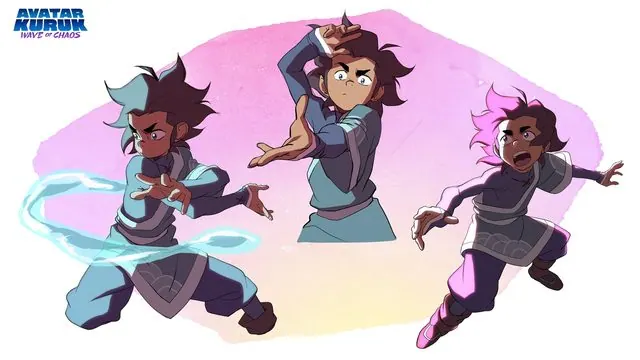 Kuruk action poses: a waterbending whip, a raised-arm stance, and a leaping pose with a pink energy glow, on a pink-yellow watercolor wash