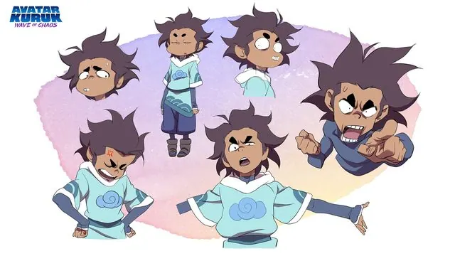 Kuruk expression sheet: shouting, fist-shaking, and arms-out poses in a Water Tribe tunic with a cloud emblem