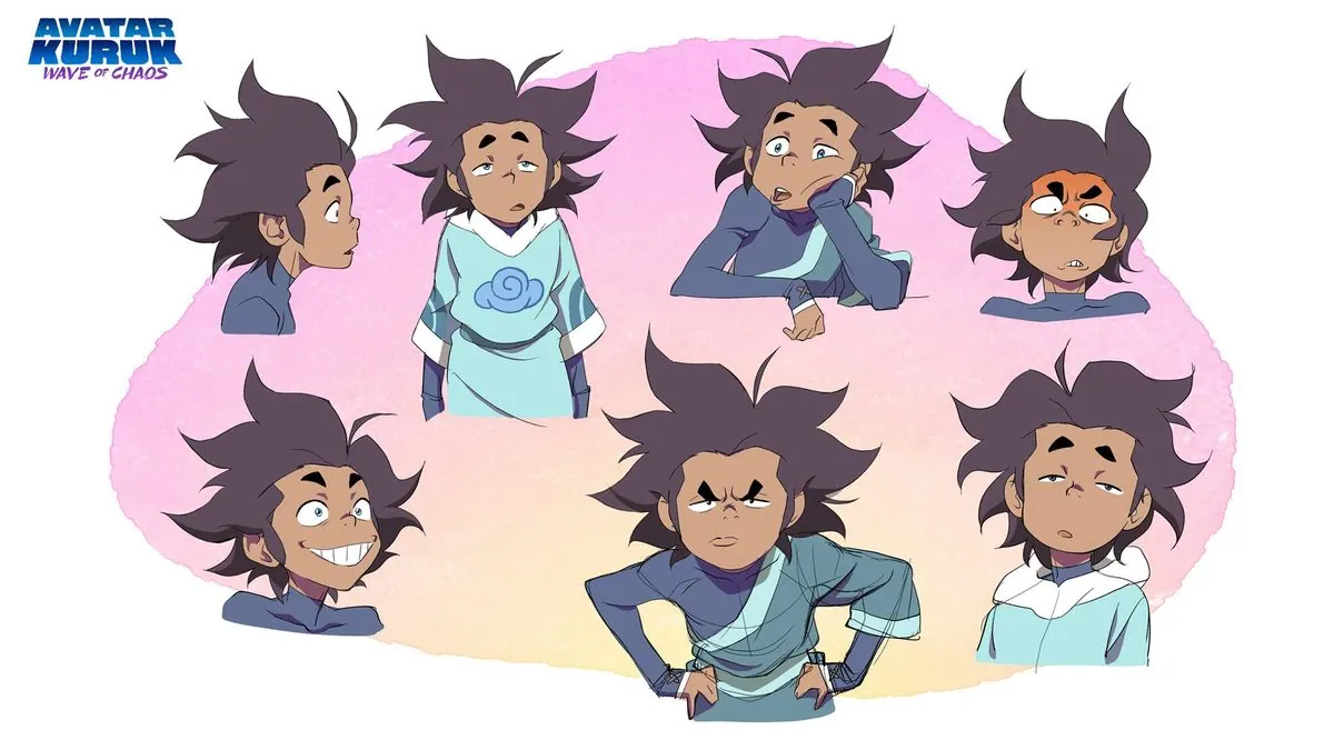 Kuruk expression sheet: seven facial expressions and poses (grinning, sulking, hands on hips) on a pink-yellow watercolor wash, with the small series logo top-left