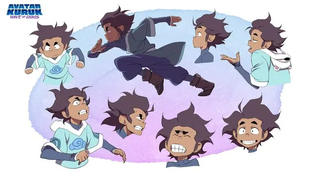 Kuruk expression sheet: flying kick, gritted-teeth and grinning faces, and a hooded pose, on a blue-purple watercolor wash